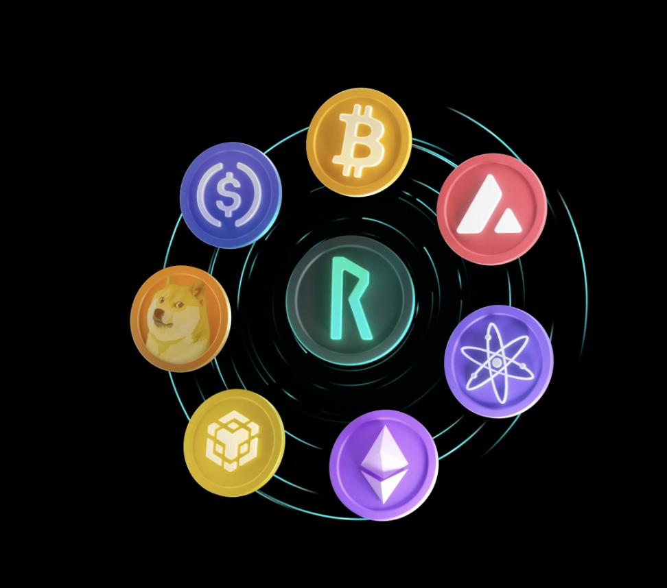 THORChain DEX diagram showing RUNE at the center connected to various blockchains including Bitcoin, Ethereum, Avalanche, Cosmos, and others