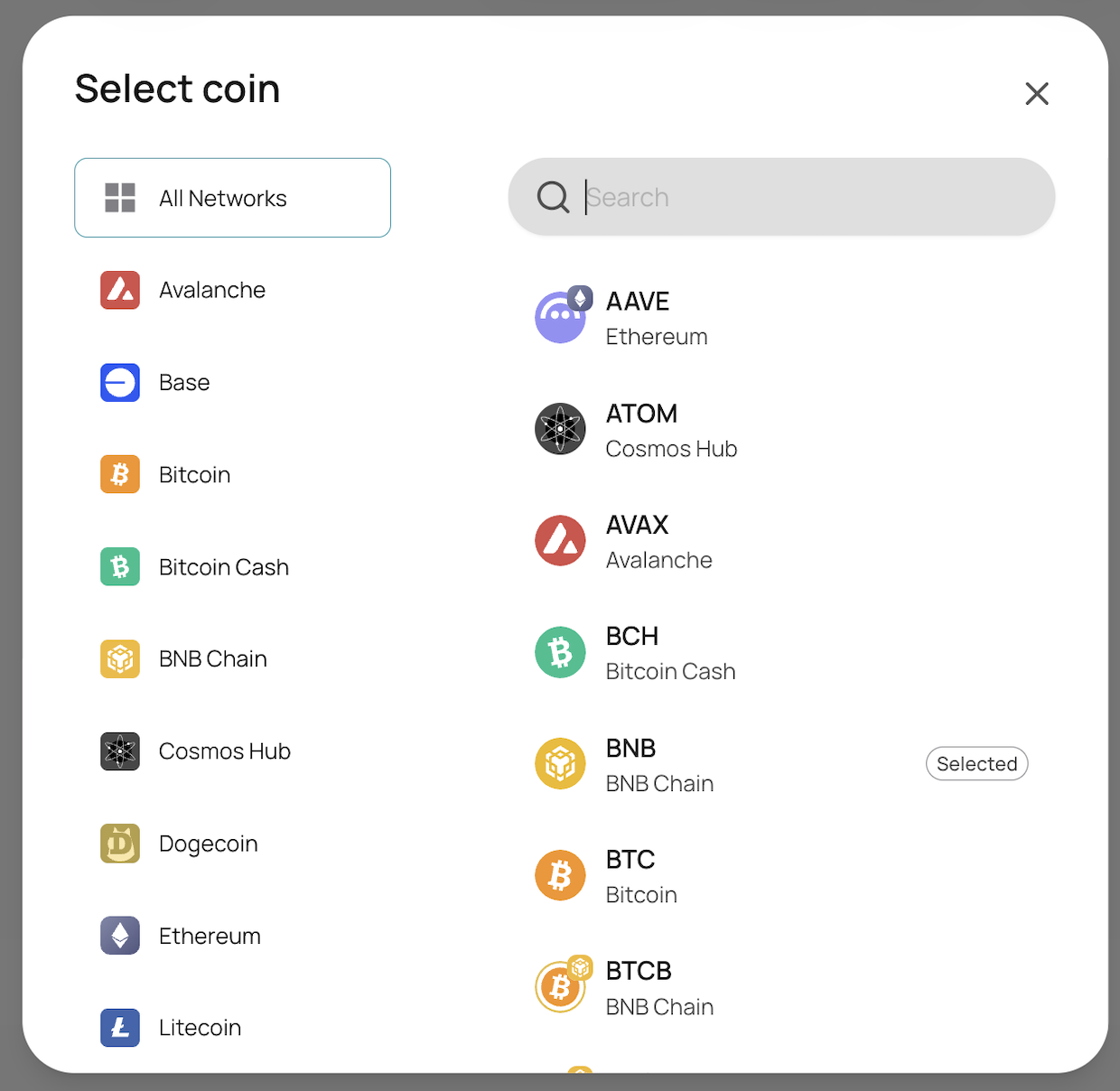 Asset selection dialog